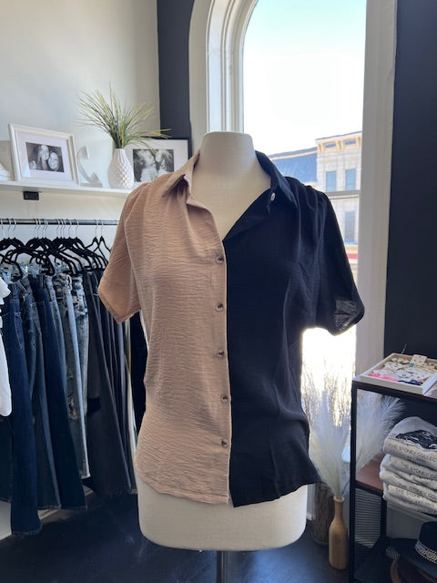 Color Block Collared Loose Fit Top