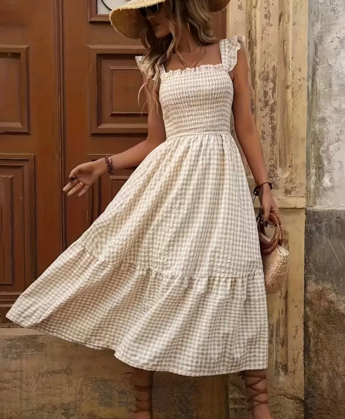 Gingham midi dress - light yellow
