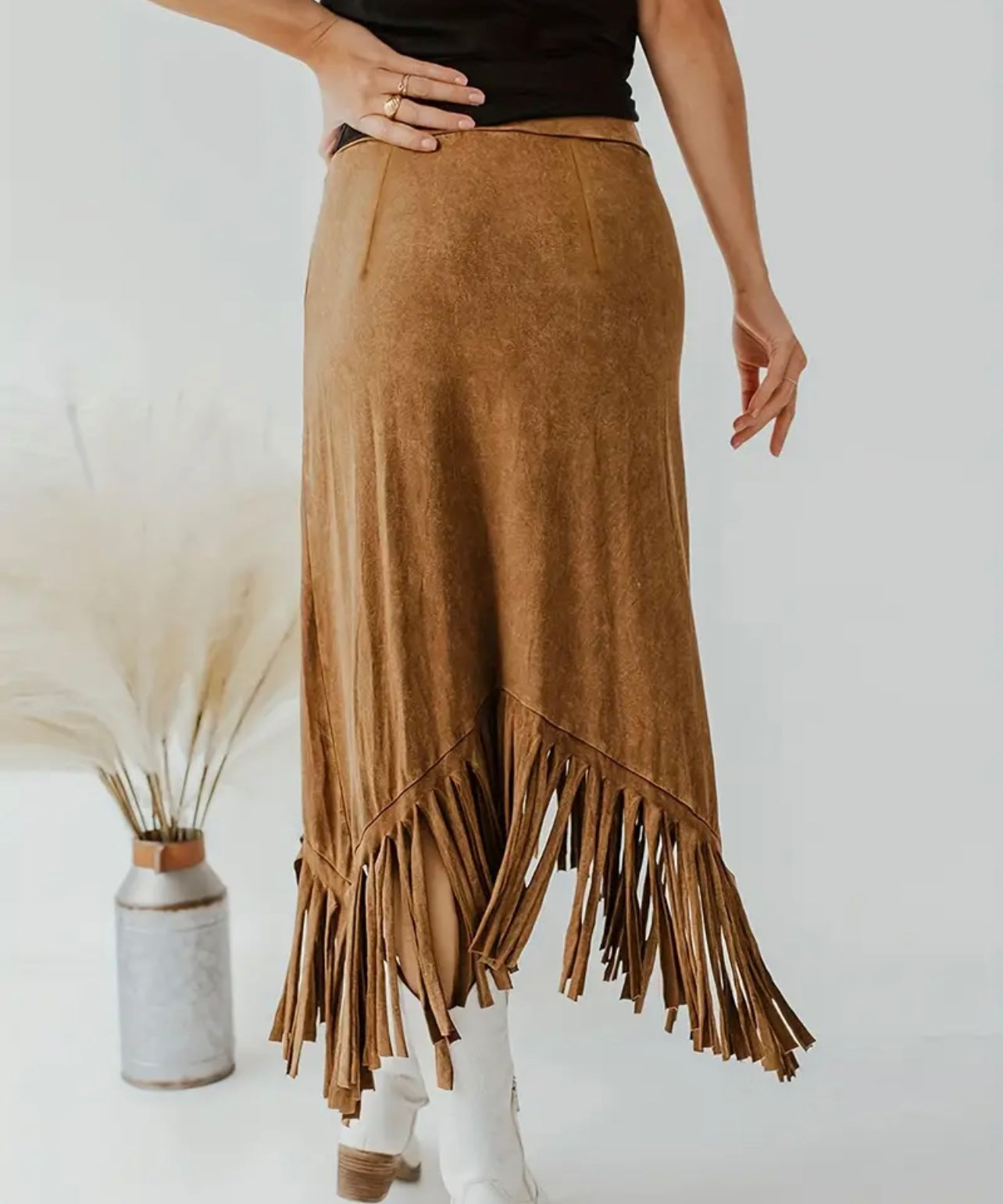 Fringe Camel Midi Skirt