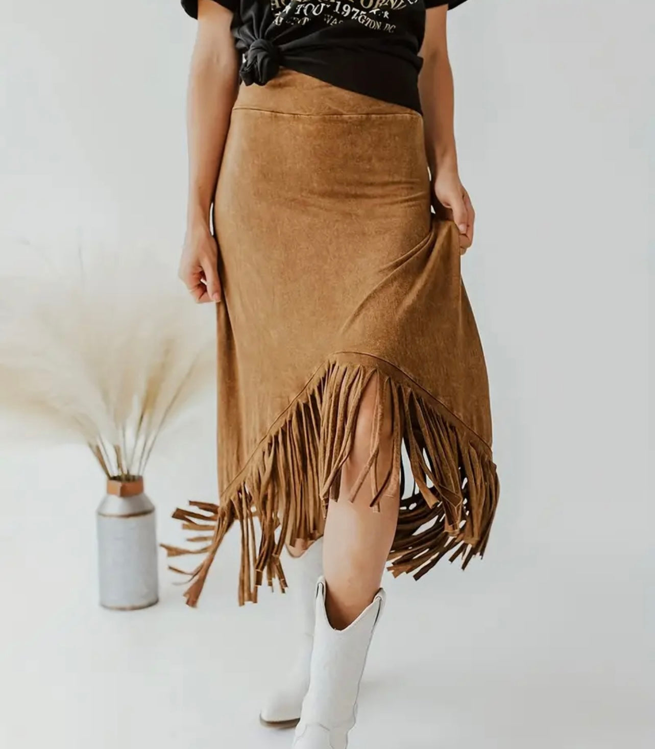 Fringe Camel Midi Skirt