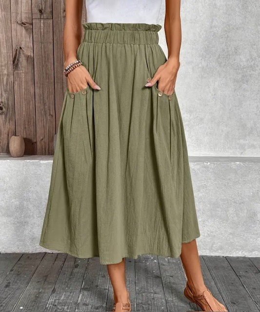 Olive Green Skirt Midi w/ Pockets