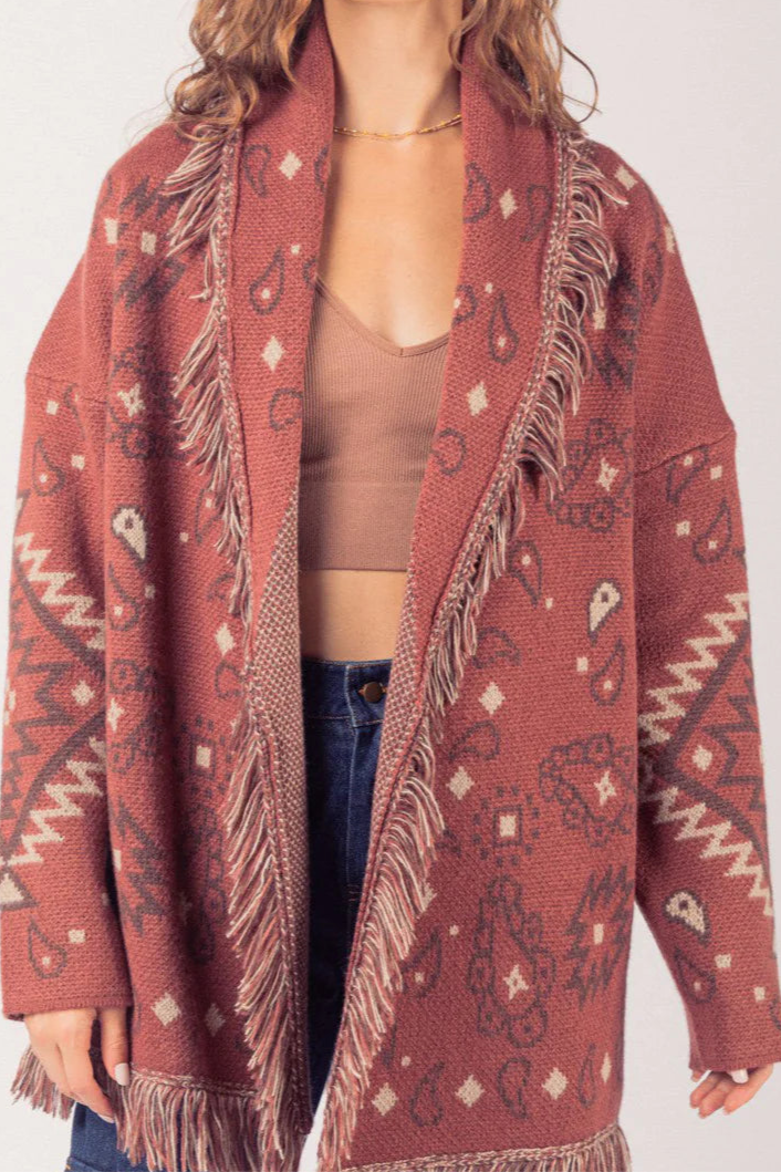 Aztec Graphic Shawl Collar Sweater Knit Cardigan