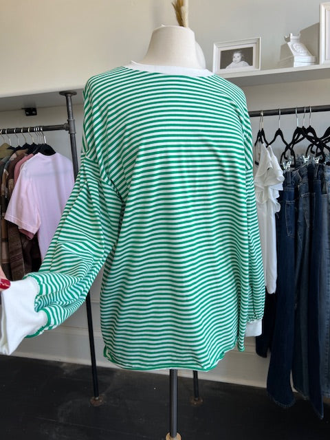 La Miel White + Green Striped Long Sleeve