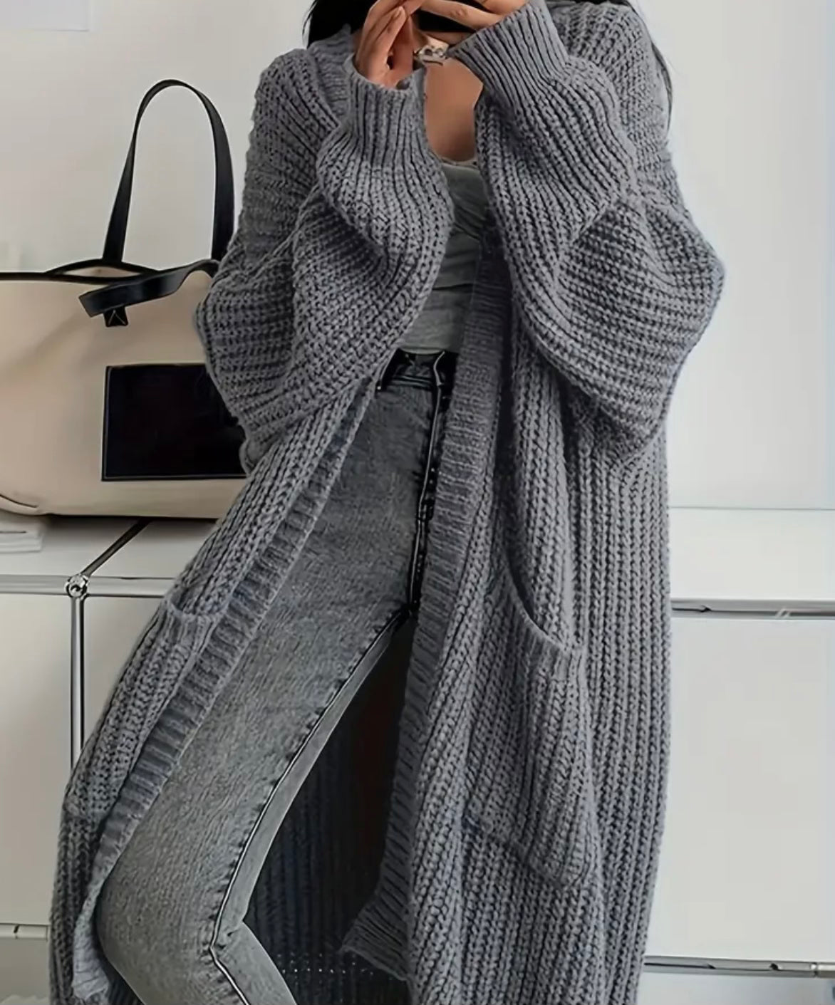 Spring Long Sleeve Open Front Cardigan - Grey