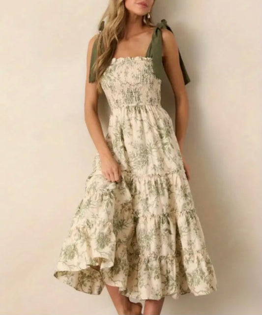 Smocked tie shoulder dress