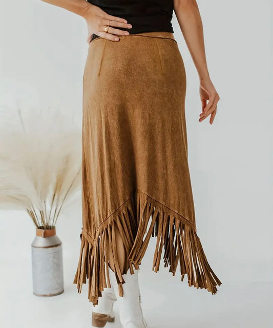 Fringe Camel Midi Skirt