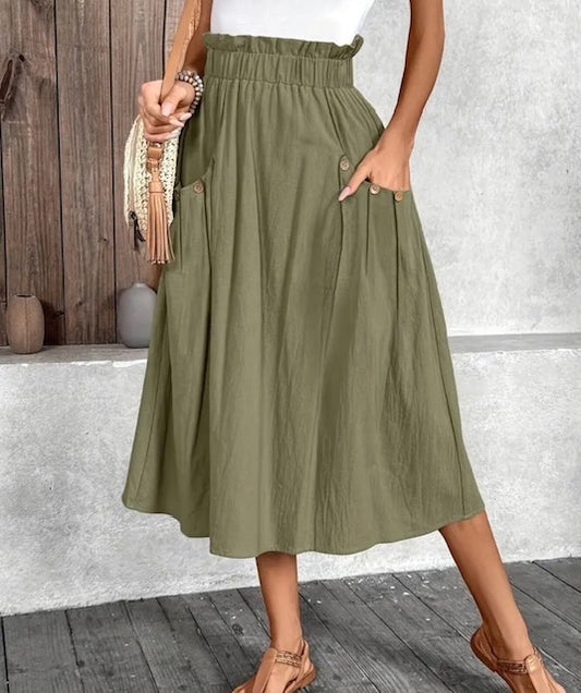 Olive Green Skirt Midi w/ Pockets