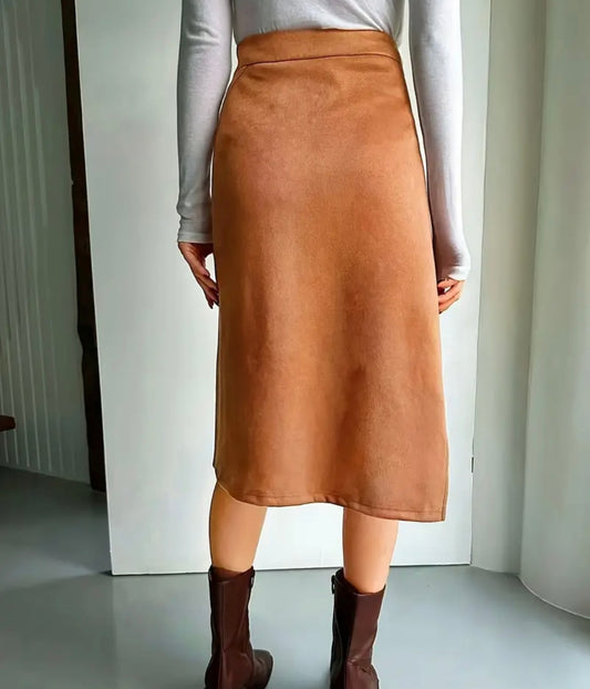Slanted Hem Midi Camel Suede Skirt