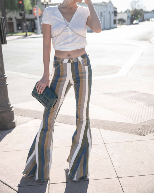 Striped High Rise Flare Jeans